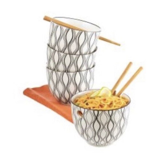 Japanese Ceramic Ramen Udon Noodle Bowl Set of 4 w/ Chopsticks Black & White - Picture 2 of 3